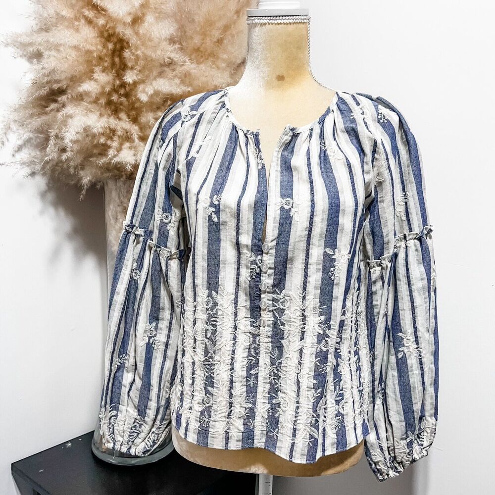 Misa Los Angeles Bijou Bohemian Stripe Embroidered Balloon Sleeve Blouse Size S